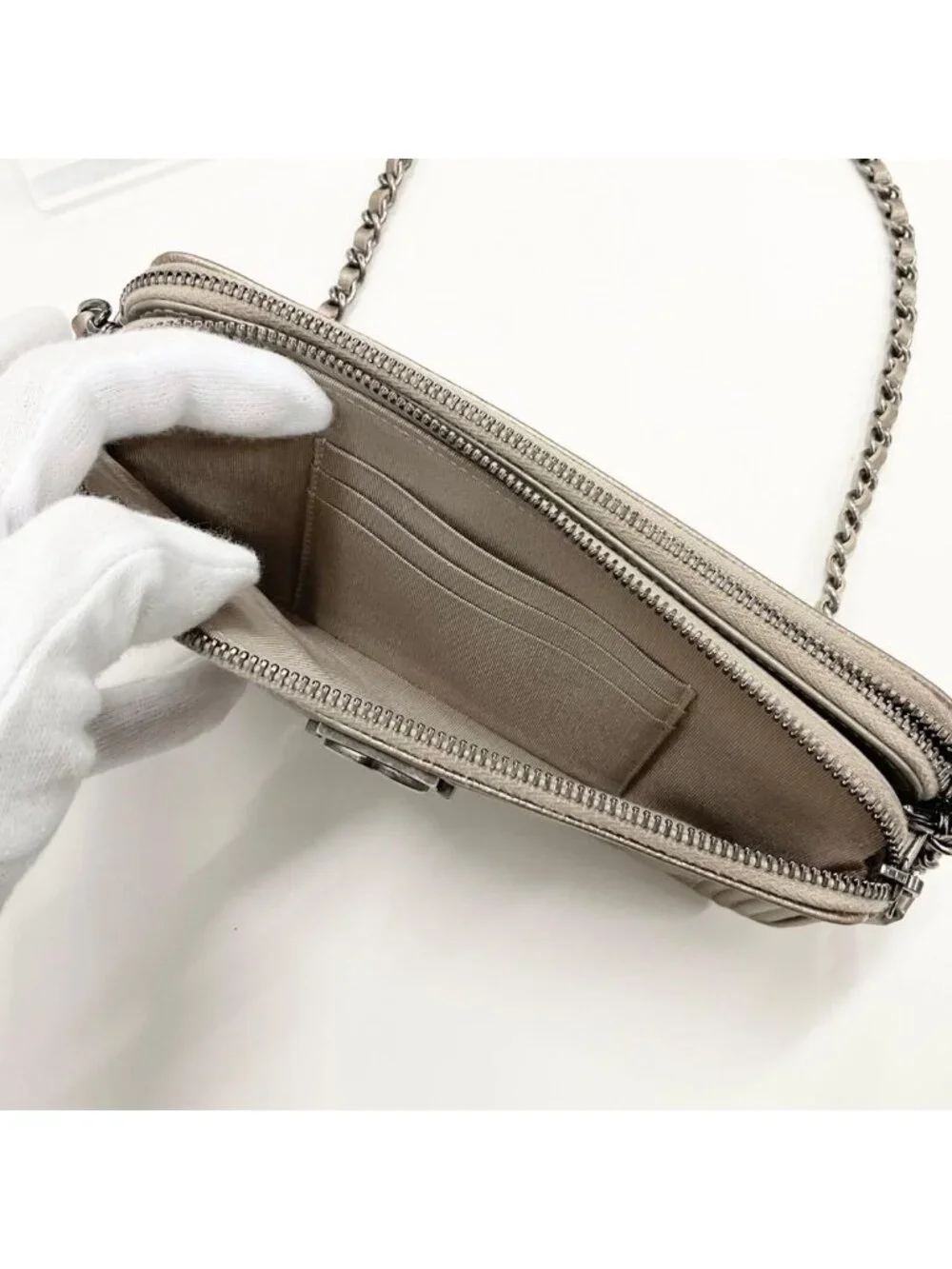 Chanel Caviar Leather CC Logo Boy Chain Wallet Shoulder
